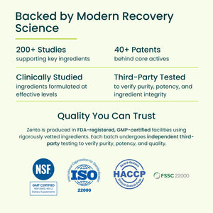 Quality assurance information for a product, including studies, patents, clinical studies, third-party testing, and certification logos.