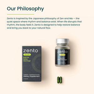 Zento dietary supplement packaging with text about its philosophy on a beige background