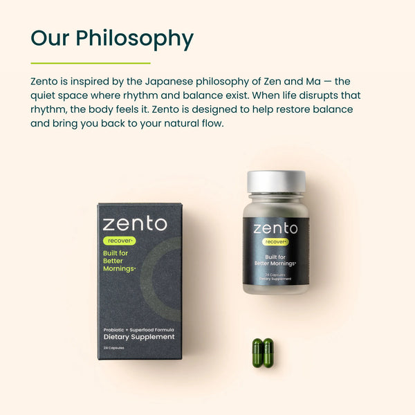 Zento dietary supplement packaging with text about its philosophy on a beige background