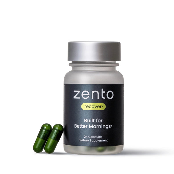 Zento supplement bottle with reflective premium label  and green capsules on a white background