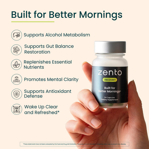 Hand holding a bottle of Zento Recover supplements with benefits listed on a beige background
