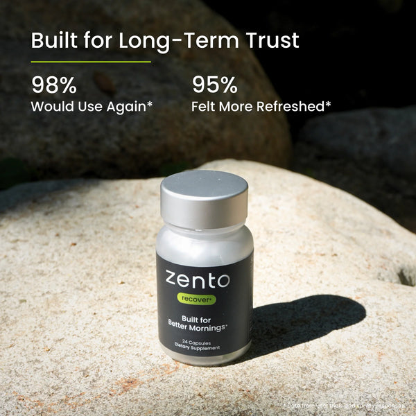 Zento supplement bottle on a rock with trust and refreshment statistics displayed.