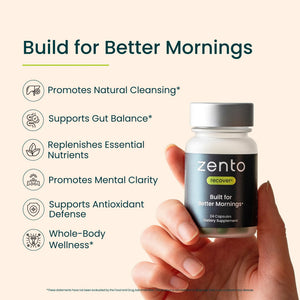 Zento supplement bottle held by a hand with product features listed on a beige background